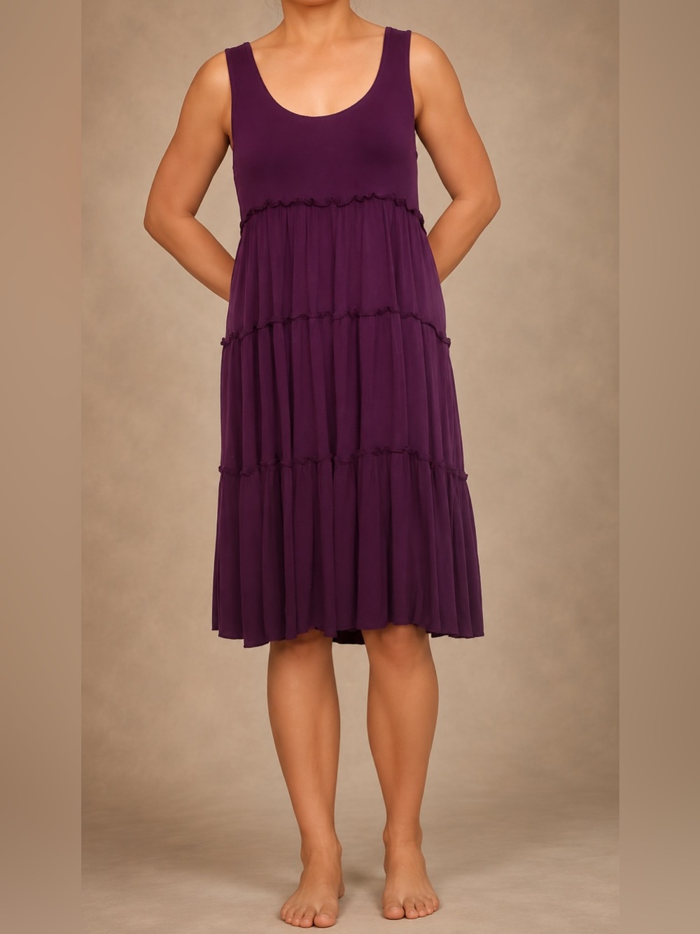 Soprano Purple Tiered Swing Dress Small Rayon Blend Sleeveless -Small